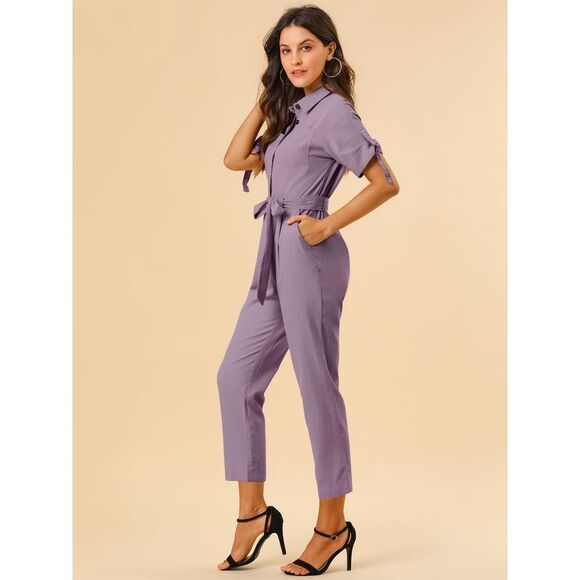 Short Sleeve Collar Crop Button Down Tie Waist Cotton Cargo Jumpsuit DustyPurple - Picture 2 of 6